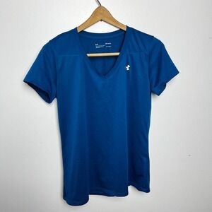 Under Armour Women V Neck T Shirt Blue Loose Fit Heatgear Size MD‎